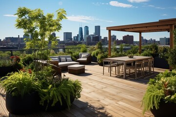Urban rooftop garden with contemporary outdoor furniture, greenery walls, and a stunning city skyline as a backdrop