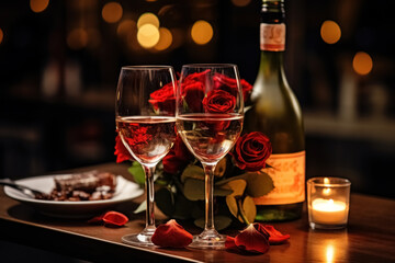Table in cafe is served for couple, bottle of wine, glasses and red roses create romantic atmosphere in evening interior, marriage proposal, Valentine's Day in restaurant