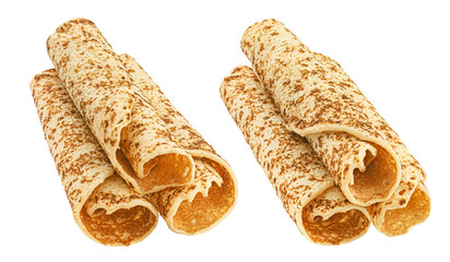 Crepes, thin pancake rolls isolated on white background