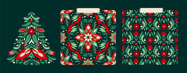 Christmas Tree Folk Art Star Floral Boho Seamless Pattern Vector Set. Swedish Scandinavian Holiday Ornament Collection.