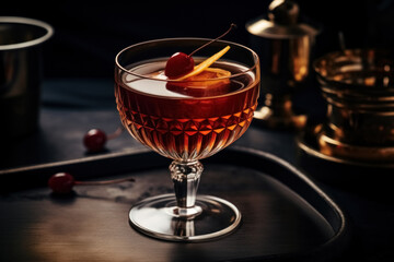 Glass with an elegant alcoholic drink Manhattan cocktail decorated with cherry on dark background of bar counter