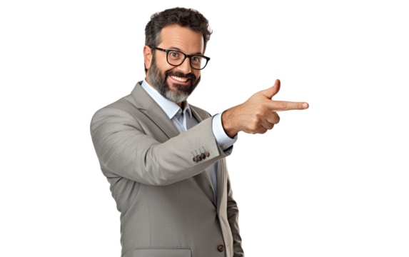 Middle aged smiling businessman with glasses and a grey suit pointing at something isolated on transparent background PNG - Powered by Adobe