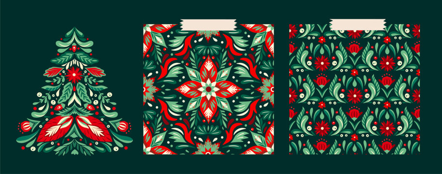 Fototapeta Christmas Tree Folk Art Star Floral Boho Seamless Pattern Vector Set. Swedish Scandinavian Holiday Ornament Collection.