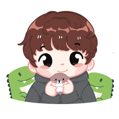 The boy with Otter and Dino Chibi Illustration