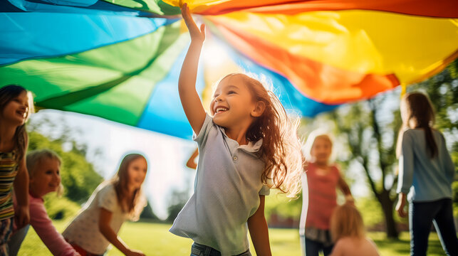 Un groupe d'enfants souriants jouant à l'extérieur avec un grand parachute multicolore lors d'une journée ensoleillée.