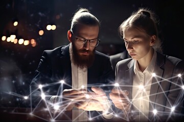 Business team working in office and futuristic graphical user interface concept. ICT (Information Communication Technology). System engineering.