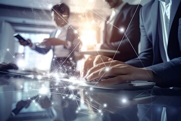 Business team working in office and futuristic graphical user interface concept. ICT (Information Communication Technology). System engineering.