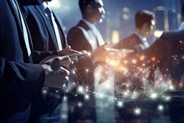 Business team working in office and futuristic graphical user interface concept. ICT (Information Communication Technology). System engineering.