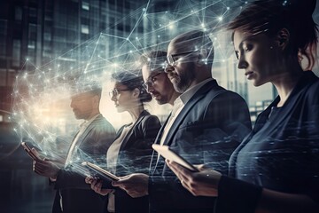 Business team working in office and futuristic graphical user interface concept. ICT (Information Communication Technology). System engineering.
