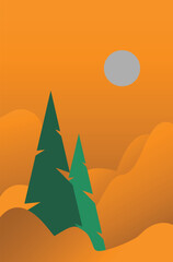 flat design landscape in mountain moon trees hills at night.