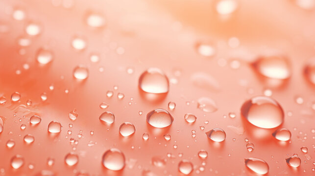 Close up of water drops peach color background, banner, copy space