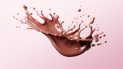 Chocolate splash on pink background. Chocolate milk splash and drops. Brown Liquid