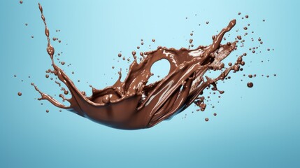 Chocolate splash on blue background. Chocolate milk splash and drops. Brown Liquid