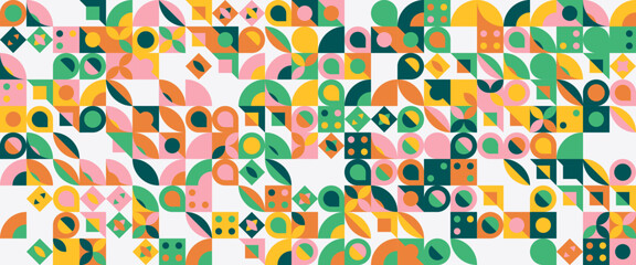Geometric minimal pattern mosaic. Simple colorful circle shapes, modern bauhaus banner vector design