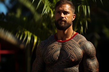 Maori tattoo in Polynesian style on a muscular and athletic man's body. Dark background, Patterns and drawings on the body, painting on the skin. Against a background of greenery - obrazy, fototapety, plakaty