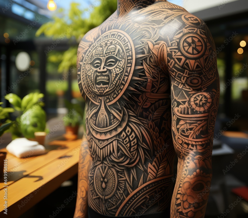 Wall mural polynesian style tattoo on a muscular and athletic man's body. dark background, patterns and drawing - Wall murals