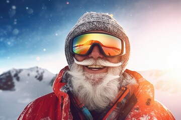 A man with a beard wearing skis and goggles. Perfect for winter sports and outdoor activities