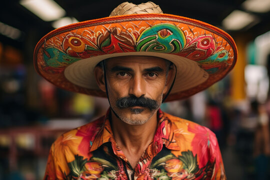 Old mexican man in traditional hat sombrero and bright clothes