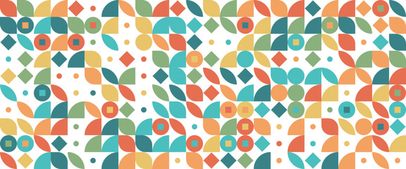 Geometric minimal pattern mosaic. Simple colorful circle shapes, modern bauhaus banner vector design