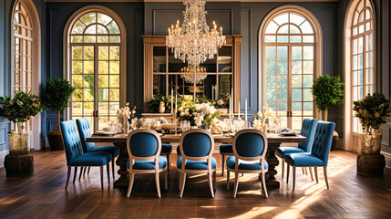 Fototapeta na wymiar Elegant Dining Room with Tufted Chairs and Crystal Chandelier
