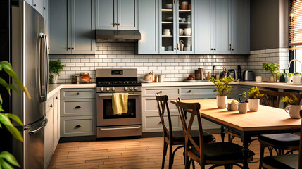 Elegant Kitchen with Gray Cabinets and Subway Tile Backsplash, - obrazy, fototapety, plakaty