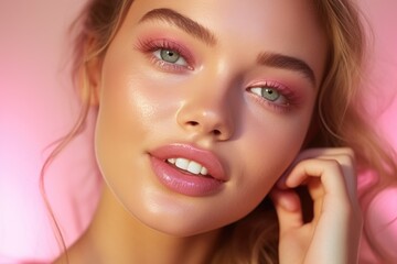 Close-up shot of a woman's face against a vibrant pink background. Perfect for beauty and skincare concepts