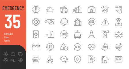 Emergency Editable Icons Set. Vector illustration in thin line style of warning icons: accidents, natural disasters, rescue services, and emergency signals. Isolated on white
