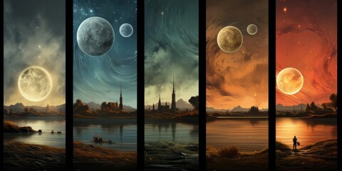 Surreal landscape with planets and stars, AI generated