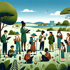Diverse Outdoor Field Study - Minimalist Nature Education Illustration