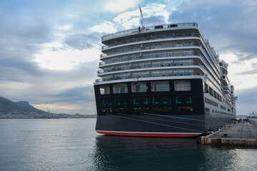 Classic british luxury ocean liner cruiseship cruise ship in Toulon, Provence port with red, black...