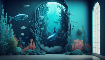 Fototapeta na wymiar Enter the Enchanting Underwater Realm, Immerse Yourself in the Mesmerizing 3D Effect Wall with Wild Illustration of minimalist Background, Ai generated image.