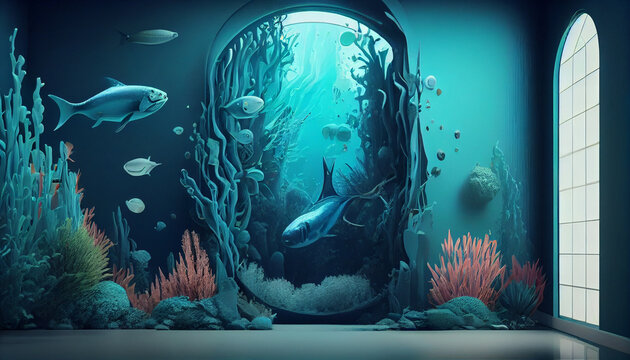 Enter the Enchanting Underwater Realm, Immerse Yourself in the Mesmerizing 3D Effect Wall with Wild Illustration of minimalist Background, Ai generated image.