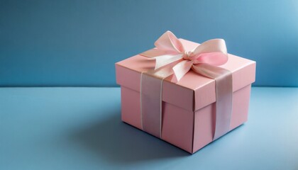 Obraz premium Pink gift box and blue background 