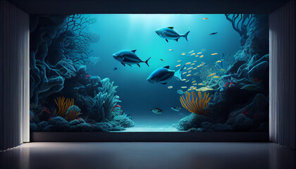 Fototapeta na wymiar Enter the Enchanting Underwater Realm, Immerse Yourself in the Mesmerizing 3D Effect Wall with Wild Illustration of minimalist Background, Ai generated image.