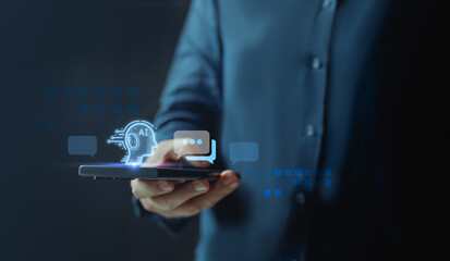 Ai chat bot Businessman using smartphone to chatting by use chat Bot program for Artificial intelligence or AI technology. Robot application, conversation assistant, digital chatbot on virtual screen.