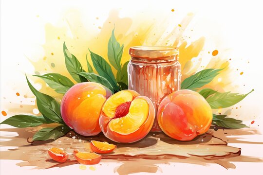 peach fruits on the table and a jar of peach jam painted with watercolor paints