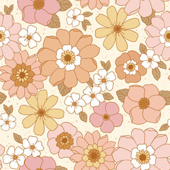 Seamless vector pattern with hand drawn groovy vintage flowers. Perfect for textile, wallpaper or print design.