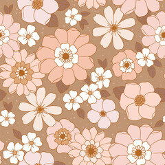 Seamless vector pattern with hand drawn groovy vintage flowers. Perfect for textile, wallpaper or print design.