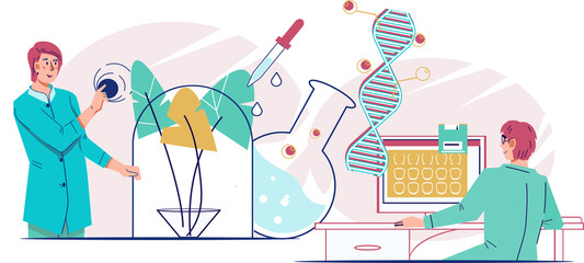 Bioengineering, biotechnology and microbiology researches banner with scientists in laboratory study genome.