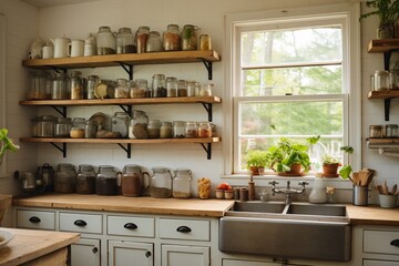 A charming kitchen with open shelving filled with mason jars and rustic pottery, featuring a farmhouse sink and a vintage-inspired gas stove - obrazy, fototapety, plakaty