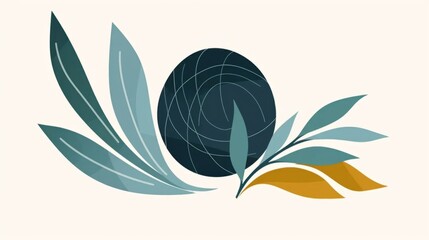 Floral illustration in minimalist style. Garden elements. Trees, leaves, plants, branches. Bright colors