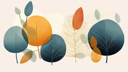 Floral illustration in minimalist style. Garden elements. Trees, leaves, plants, branches. Bright colors