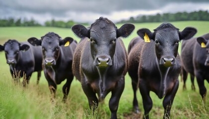 Black Angus Cattle in a Row in Green Pasture - obrazy, fototapety, plakaty