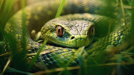 Fototapeta premium A snake in the green grass, reptiles in search of prey
