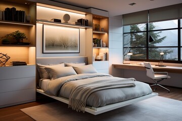 A modern guest room with a fold-down wall bed, dual-purpose furniture, and subtle accent lighting, maximizing space and functionality.