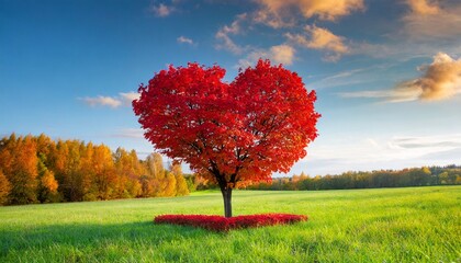 Heart-shaped red tree in the meadow