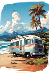 Palm tree on tropical island with beach and travel bus