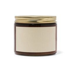 Product photo of Amber glass candle with gold lid and tan label isolated on white background 