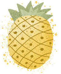 Hand drawn illustration of cute pineapple with green leaves.