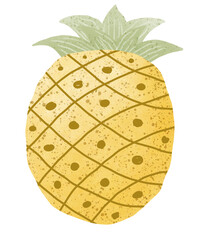 Hand drawn illustration of cute pineapple with green leaves.